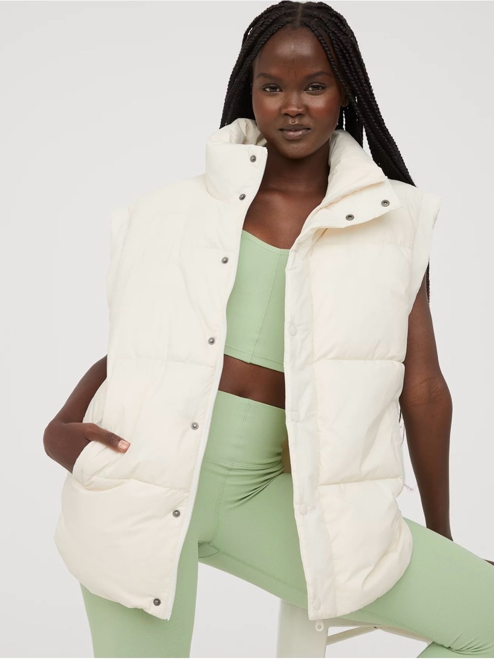Aerie Cream Puffer Vest with High Collar